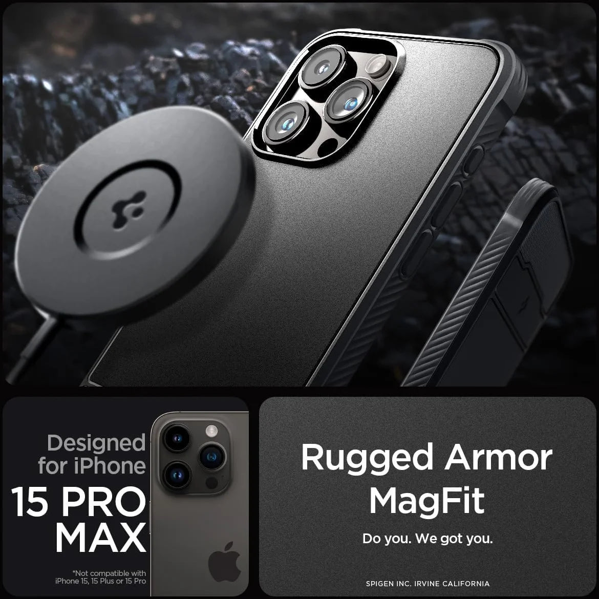 Spigen Apple iPhone 15 Pro Max Rugged Armor Geschikt voor Mag hoesje - Zwart